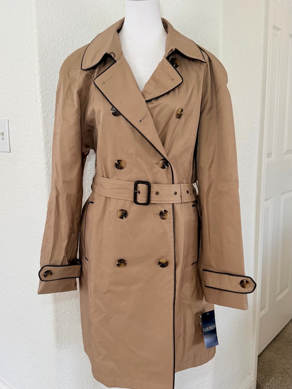 NWT Lauren Ralph Lauren Faux Leather Trim Trench Coat Beige Tan XL